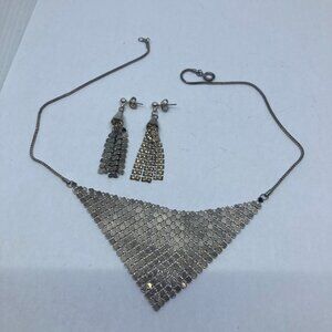 Vtg Whiting and Davis silver tone mesh earrings necklace set